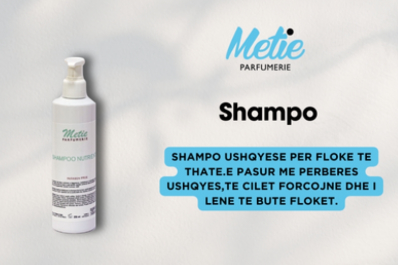 Shampo per Floke, Metie Parfumerie, shampo floku, hidratim floku, floke te thate, rikuperim demtimi, per floke te trajtuar, kujdes per skalpin, shkelqim natyral, floke te bute, perdorim i perditshem, zbutje floku, perberes ushqyes